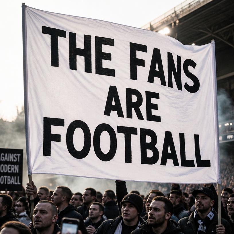 A protest banner reading THE FANS ARE FOOTBALL held high in a crowd
