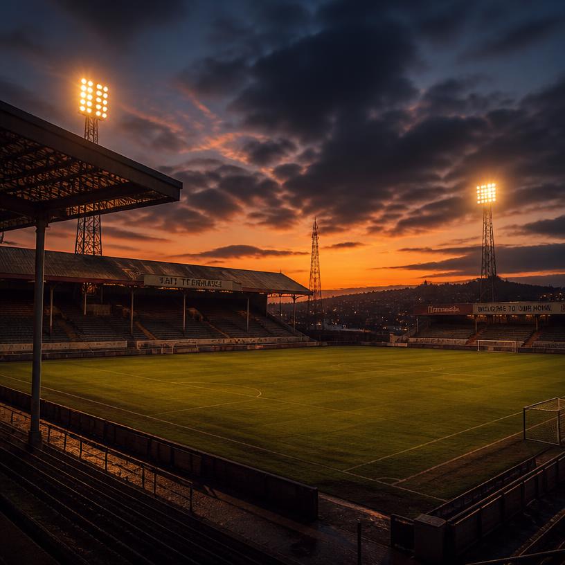 An old football stadium at dusk with floodlights on