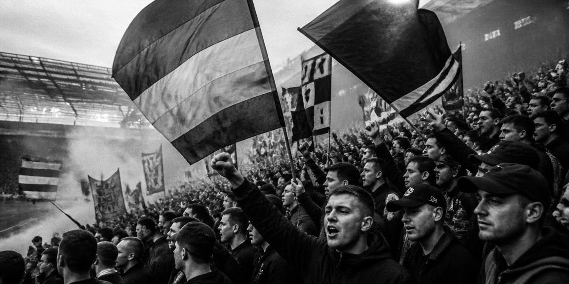 Football fans in a crowded terrace waving flags